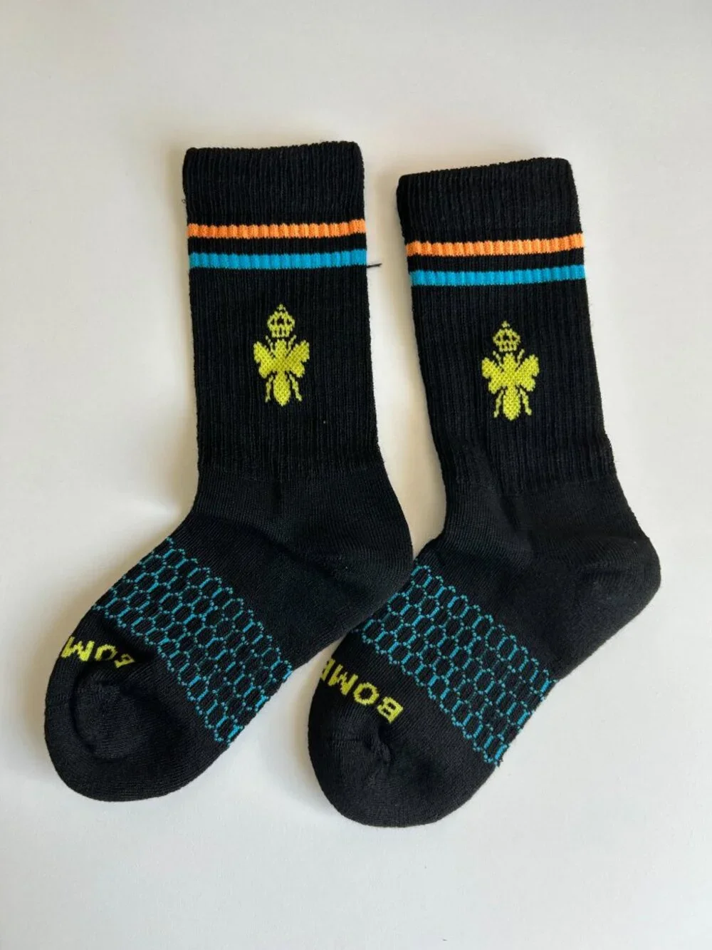 5 Pairs Bombas Socks - Black with Orange and Blue Stripes - Size XS